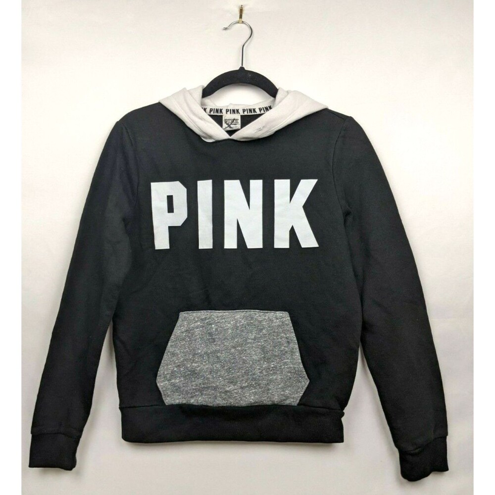 Victoria's Secret PINK Hoodie S Black Gray Logo Colorblock Pullover